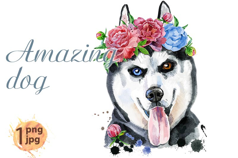 watercolor-portrait-of-husky-with-wreath-of-flowers