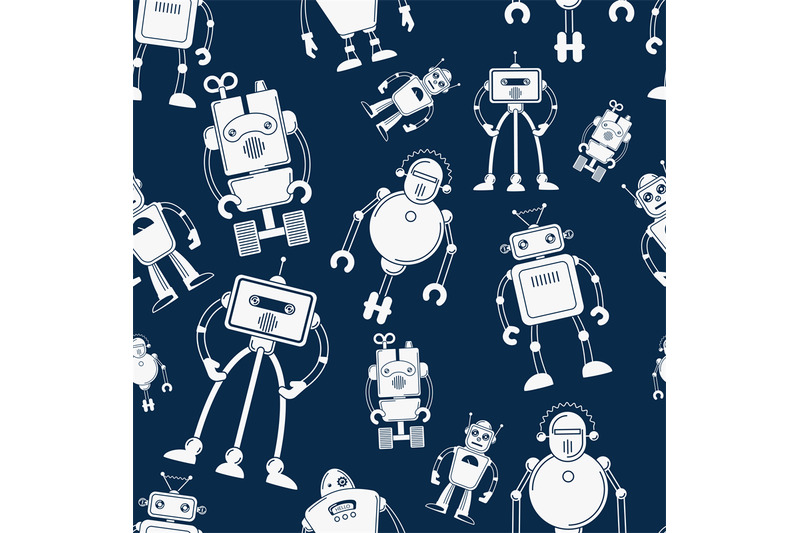 white-robot-on-blue-seamless-pattern