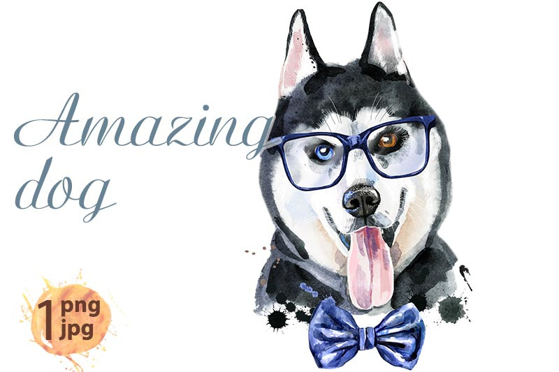 watercolor-portrait-of-husky-with-bow-tie-and-glasses