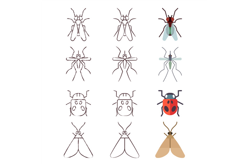 flat-line-and-skech-icons-of-insects