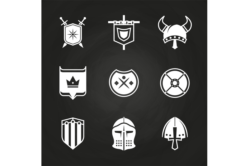 white-silhouette-viking-knight-helmets-and-shields-icons