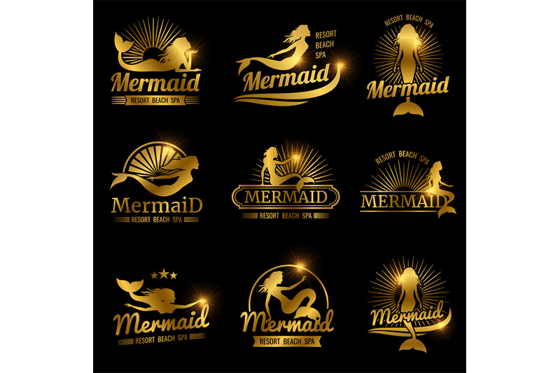 golden-mermaid-labels-shiny-resort-beach-spa-logos-design