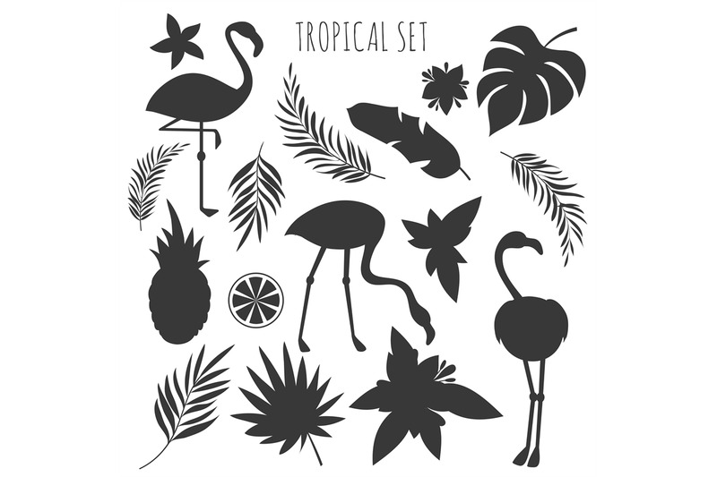 grey-tropical-plants-and-flamingos-silhouettes-templates