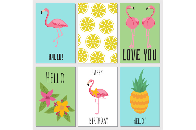 summer-kids-cards-with-tropical-fruits-plants-and-flamingos
