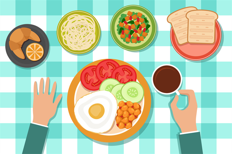 breakfast-eating-food-on-plates-and-man-hand-on-table-top-view-vector