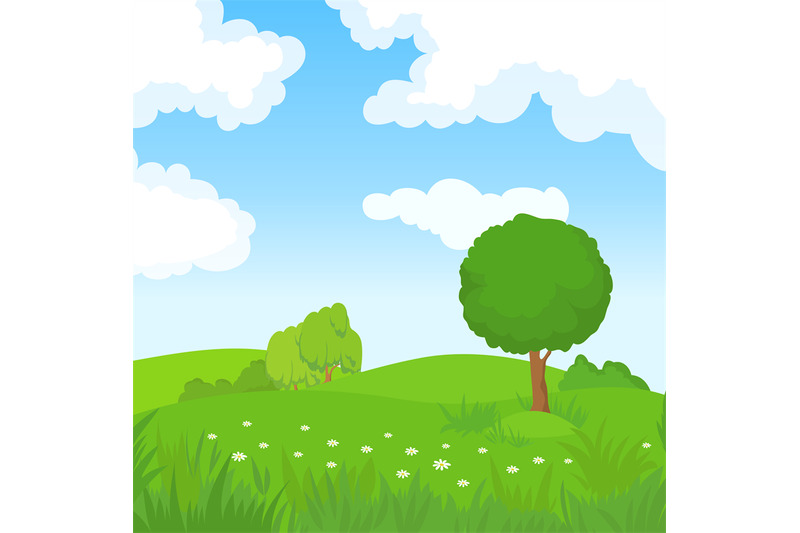 cartoon-summer-landscape-with-green-trees-and-white-clouds-in-blue-sky