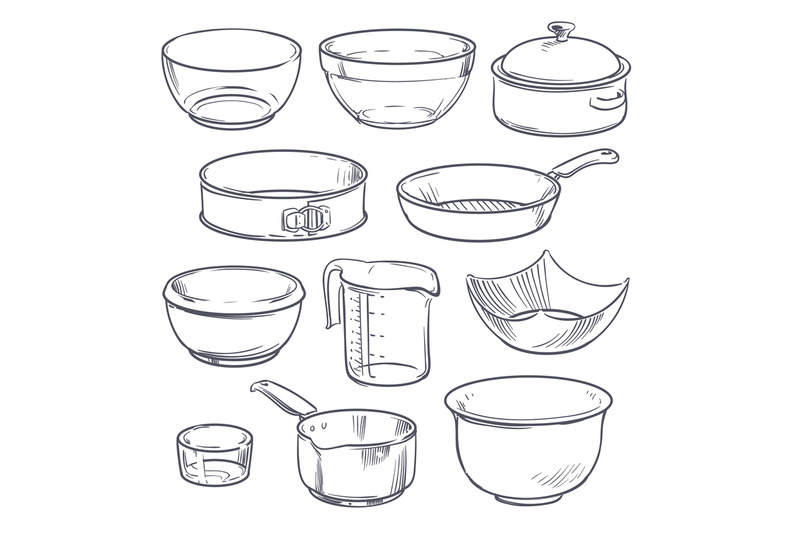 doodle-plastic-and-glass-bowls-pot-and-frying-pan-vintage-hand-drawn