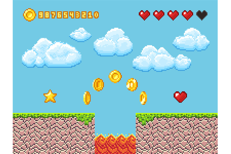 video-pixel-game-landscape-with-gold-coins-white-clouds-and-red-heart