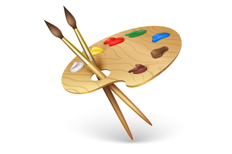 wooden-artist-palette-with-paint-brushes-vector-illustration-isolated