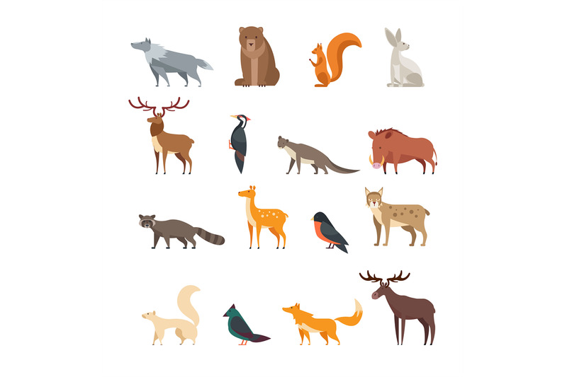 forest-wild-animals-and-birds-cartoon-vector-set-isolated-flat-deer