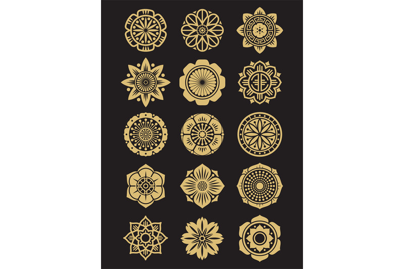 asian-flowers-icons-set-isolated-on-black-background-chinese-or-japan