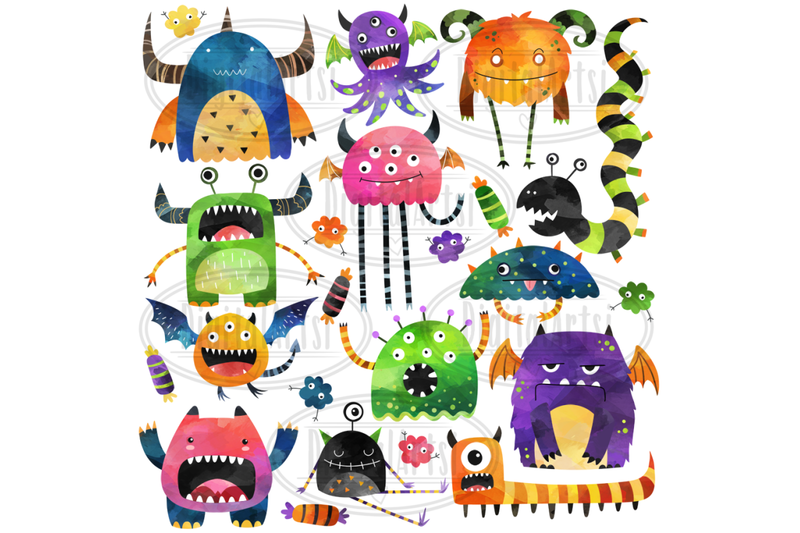 Watercolor Monsters Clipart By Digitalartsi | TheHungryJPEG