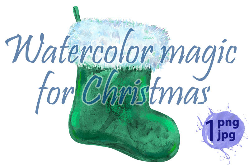 christmas-green-sock-with-white-fur-watercolor-illustration