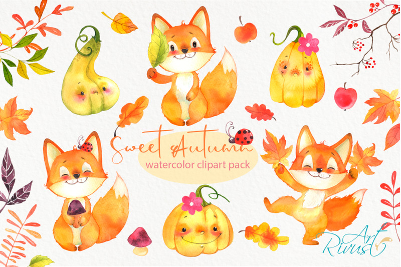 watercolor-fall-woodland-fox-clipart-pack