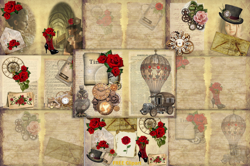 steampunk-background-set-with-free-clipart-and-ephemera