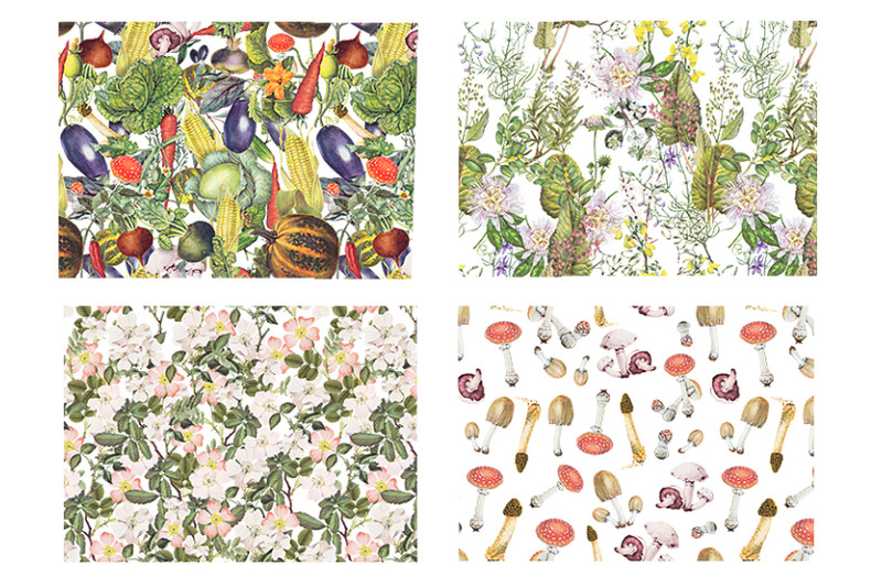 retro-botanical-plants-vegetables-and-mushrooms-patterns-set