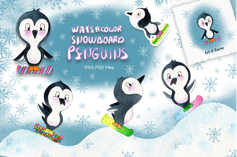 watercolor-snowboard-penguins