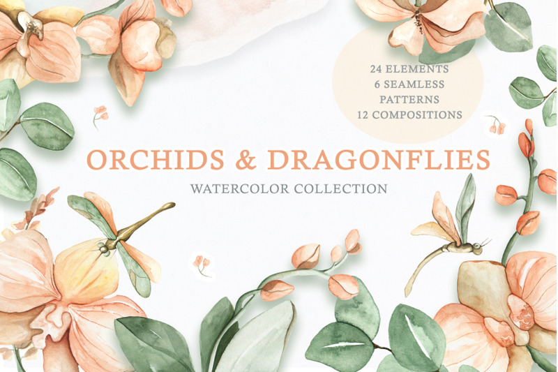 watercolor-set-orchids-and-dragonflies