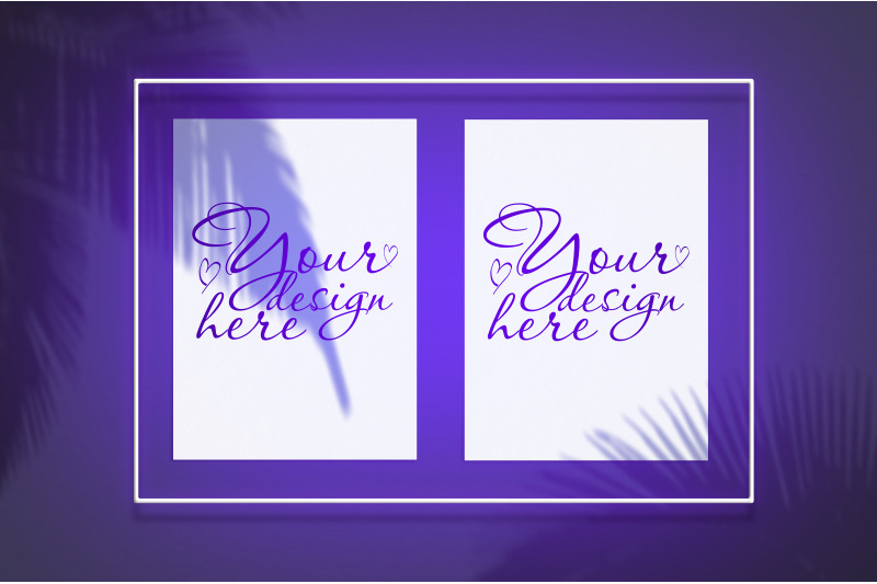 mockup-poster-in-a-neon-frame-with-a-violet-glow-with-tropical-shadows