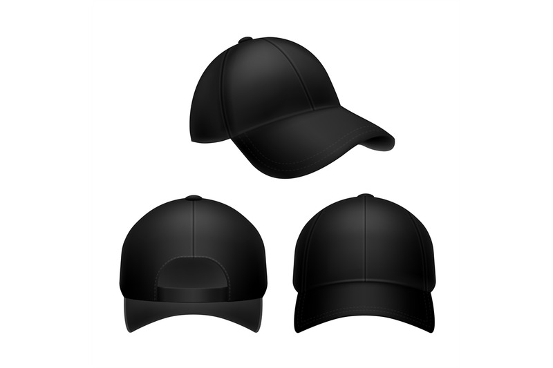 Black baseball cap. Empty hat mockup, headwear caps in back, front and