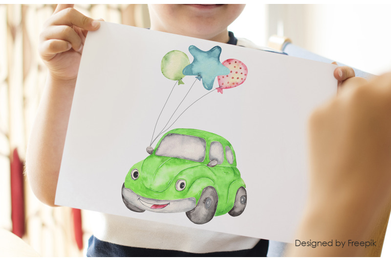 watercolor-cute-cars-beetle-offroad-suv-school-bus-pickup-truck
