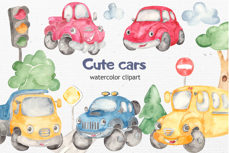 watercolor-cute-cars-beetle-offroad-suv-school-bus-pickup-truck