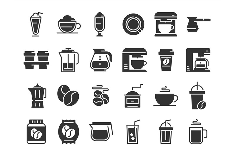 coffee-silhouette-icons-hot-drink-cup-coffee-machine-and-beans-vecto