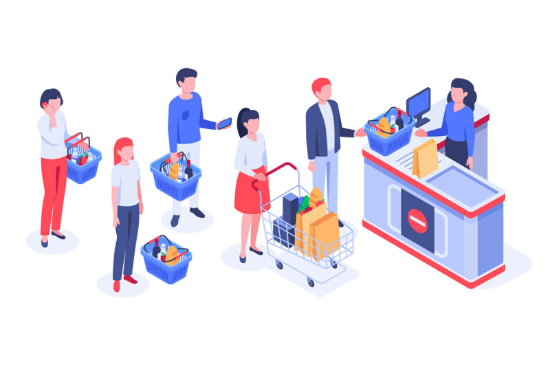 isometric-supermarket-purchases-buyers-in-line-waiting-shoppers-purc