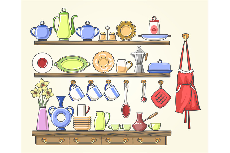cooking-shelf-with-vintage-dishes