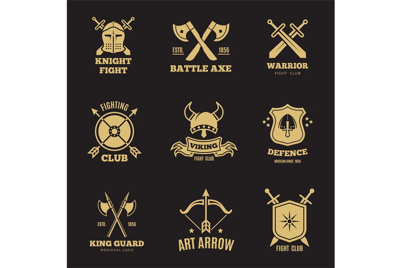 vintage-golden-warrior-sword-and-shield-labels-knight-vector-badges