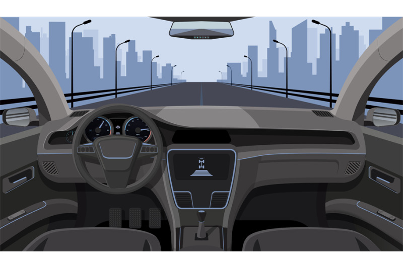 inside-car-driver-view-with-rudder-dashboard-front-panel-and-highway