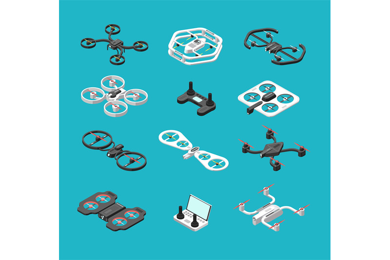 different-isometric-3d-drones-aerial-delivery-and-photo-robots-vector