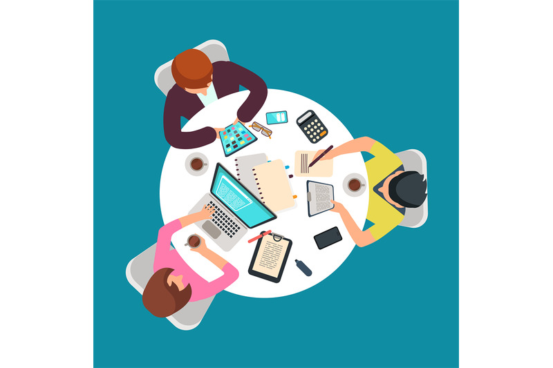 top-view-people-group-work-at-table-meeting-persons-in-room-vector-il