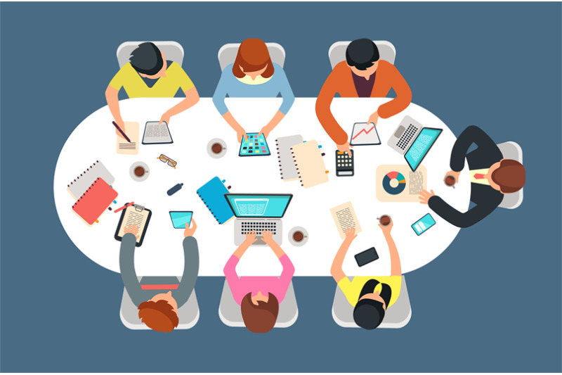 managed-team-in-office-meeting-at-table-top-view-vector-illustration