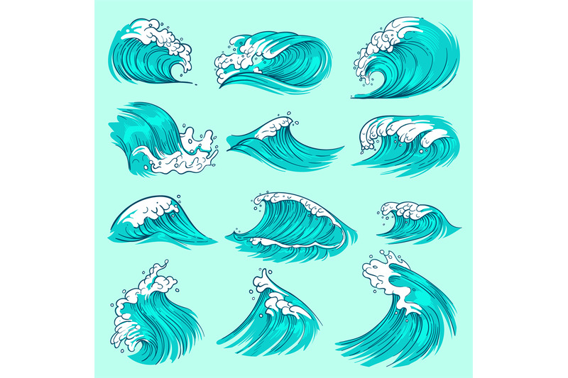 vintage-hand-drawn-sea-blue-waves-with-splashes-ocean-storm-water-vec