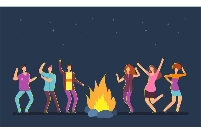 happy-people-group-dancing-at-campfire-music-festival-camping-vector