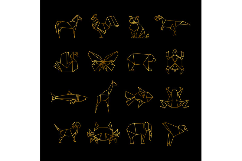 golden-japanese-origami-paper-animals-vector-line-icons