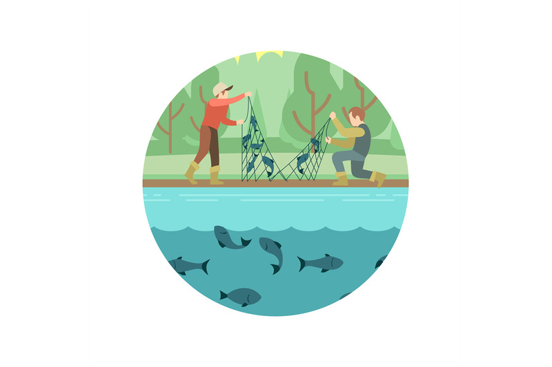 fishing-men-with-fish-and-equipment-vector-emblem