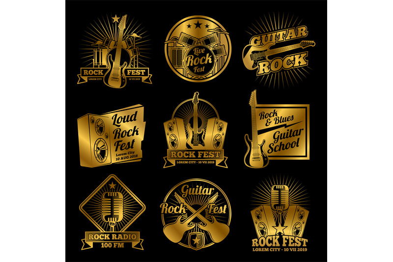 golden-rock-and-roll-music-vector-labels-on-black-background