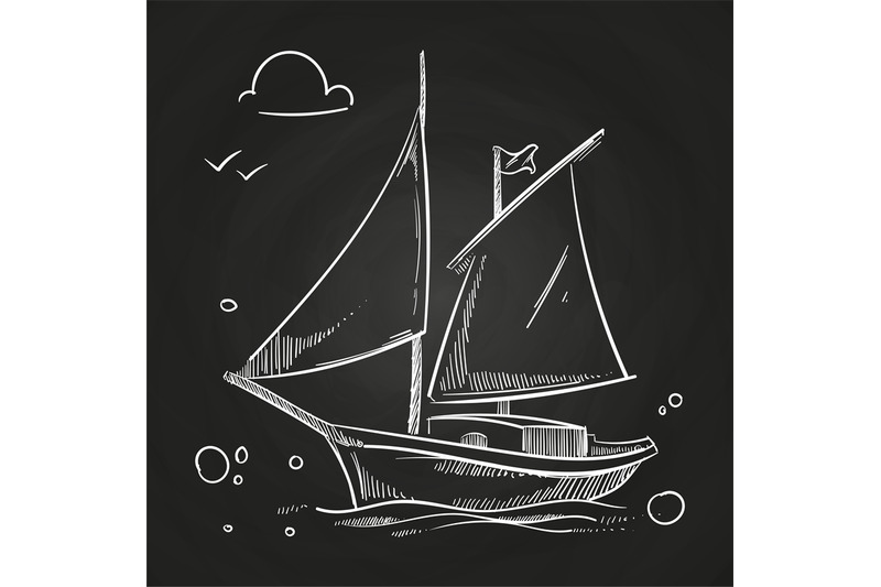 hand-sketched-boat-on-blackboard-white-vector-sailboat-in-ocean-doodl