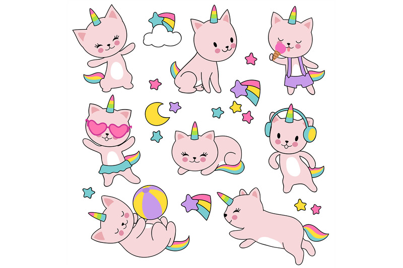 catroon-cute-white-cat-unicorns-vector-set