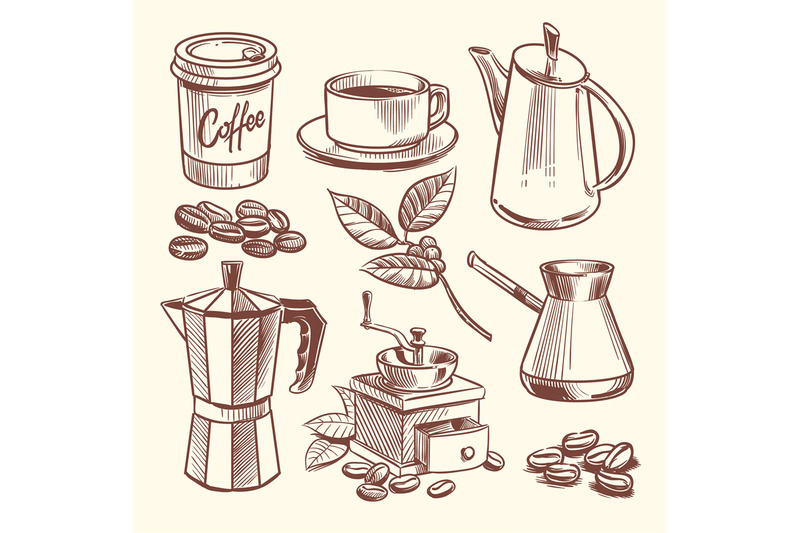hand-drawn-coffee-cup-beans-leaves-coffeepot-and-coffee-grinder-vec