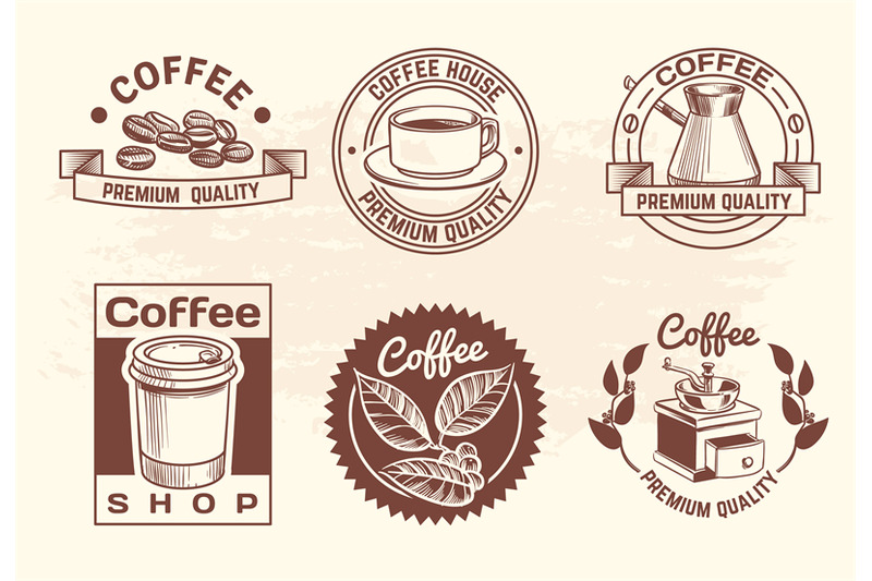 vintage-hand-drawn-hot-drinks-coffee-logos-with-mug-and-beans-isolate