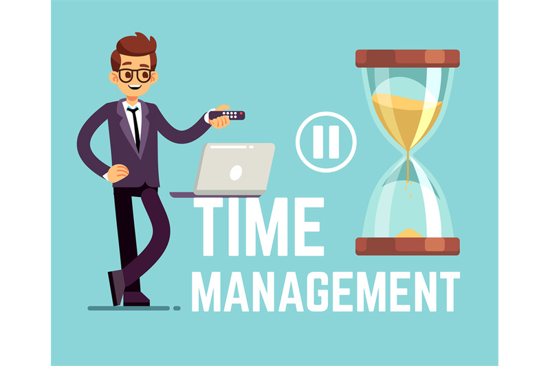 time-management-business-concept-with-cartoon-businessman-and-clock-v