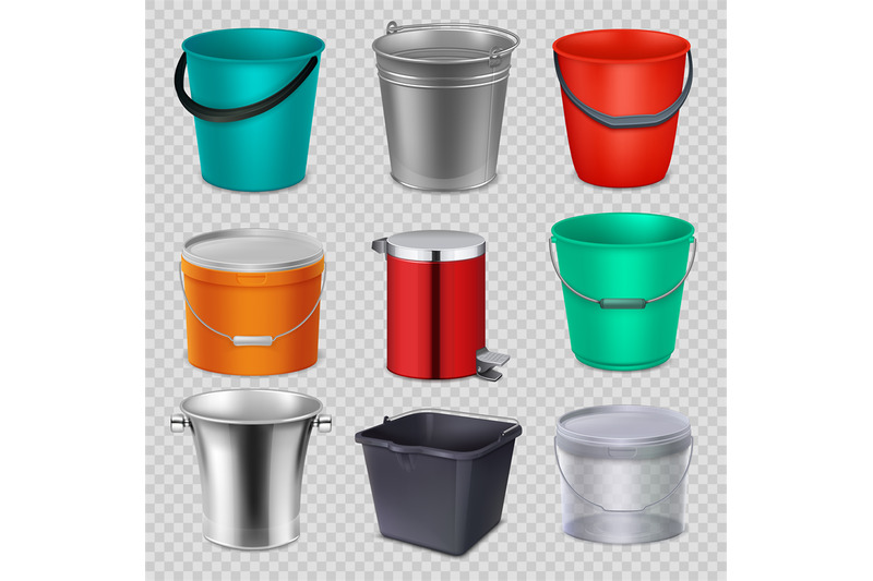 realistic-3d-metal-and-plastic-buckets-with-handle-vector-collection