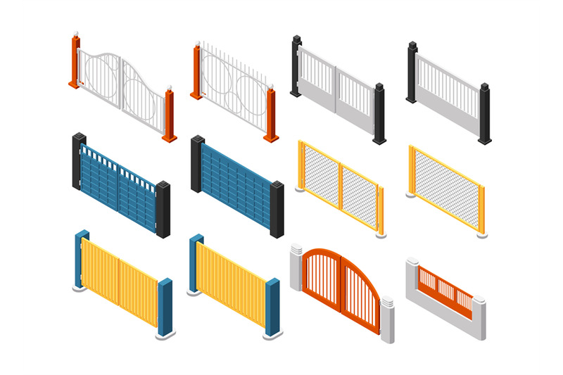 isometric-fences-wooden-fence-garden-railing-isolated-3d-vector-set