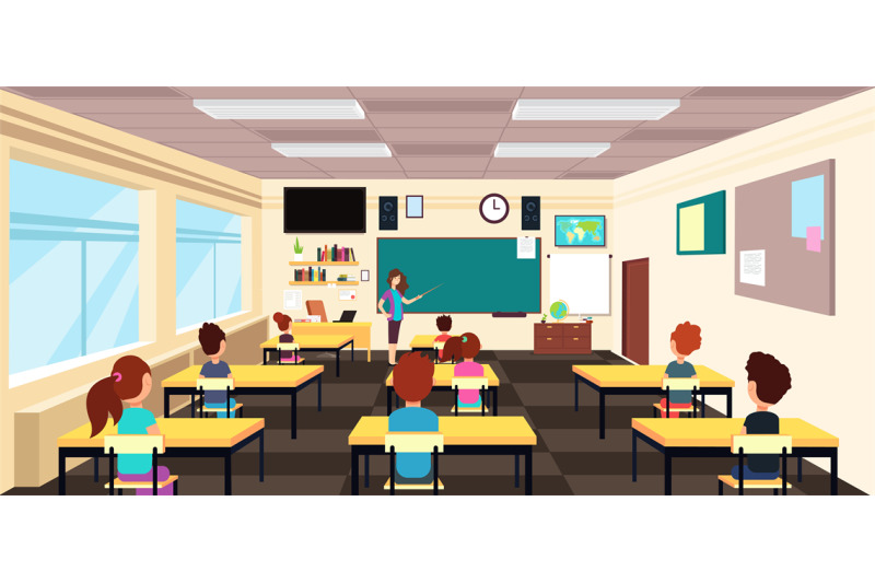 teacher-at-blackboard-and-children-at-school-desks-in-classroom-carto