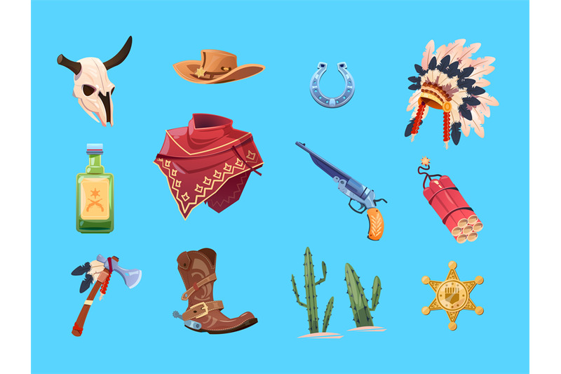 wild-west-cartoon-set-cowboy-boots-hat-and-gun-bull-skull-indian-w