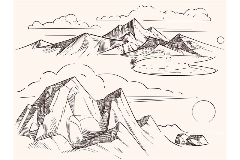 hand-sketched-mountain-landscapes-with-lake-stones-clounds