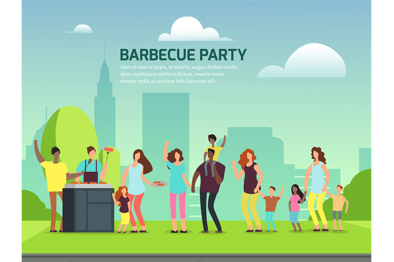 barbeque-party-design-cartoon-character-families-in-park-vector-illus